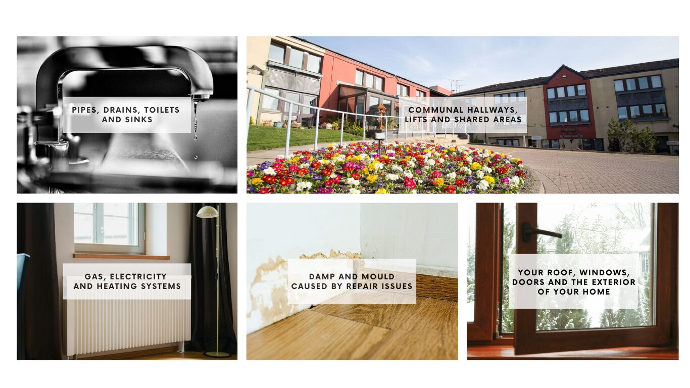 Picture of pipes with text indicating pipes, drains, toilets and sinks. Picture of building with text indicating communal hallways, lifts and shared areas. Picture of radiator with text indicating gas, electricity and heating systems. Picture of damp and mould caused by repair issues and picture of window with text indicating your roof, windows, doors and the exterior of your home